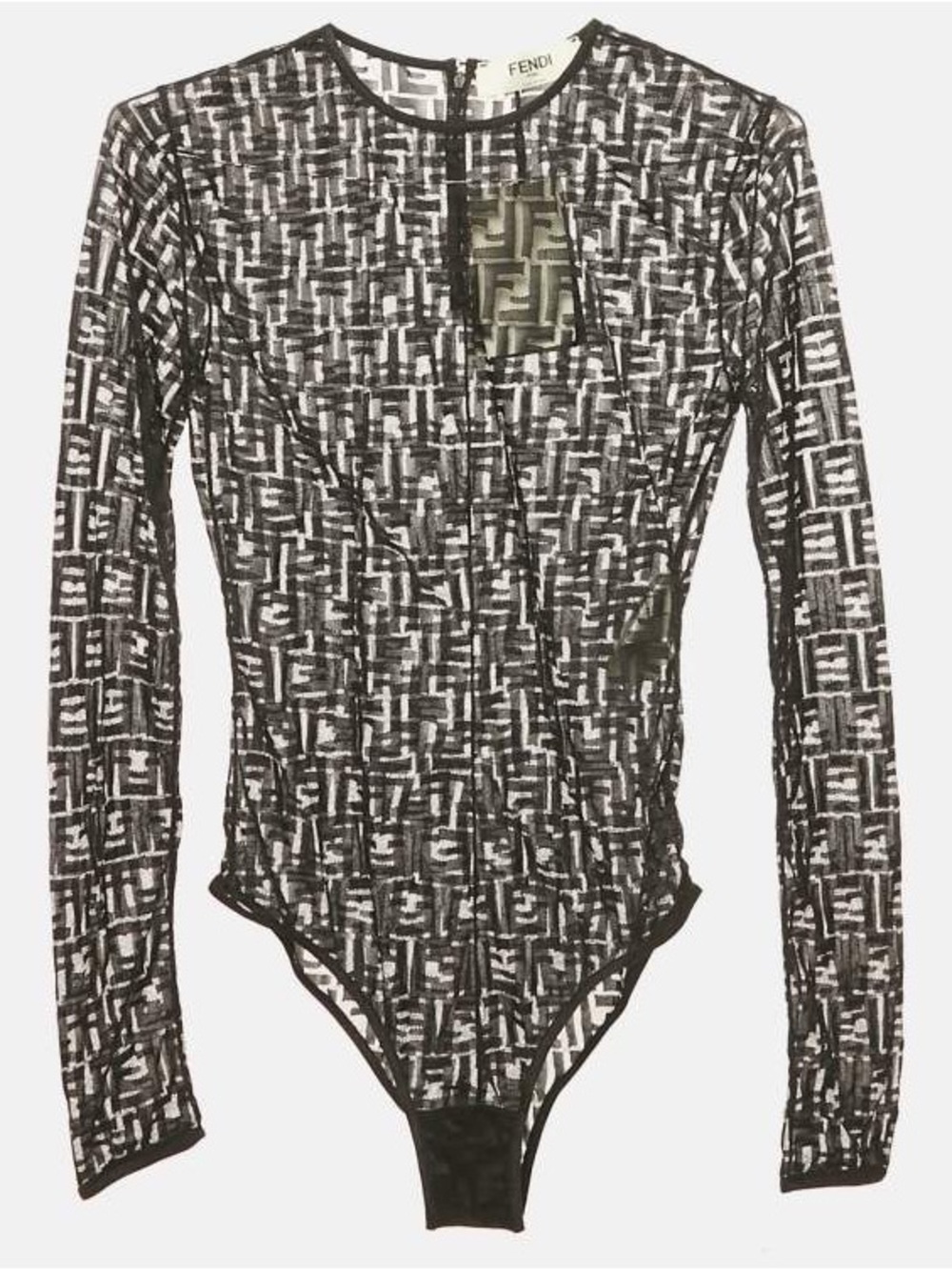 Fendi Black FF Logo Long-Sleeve Sheer Bodysuit